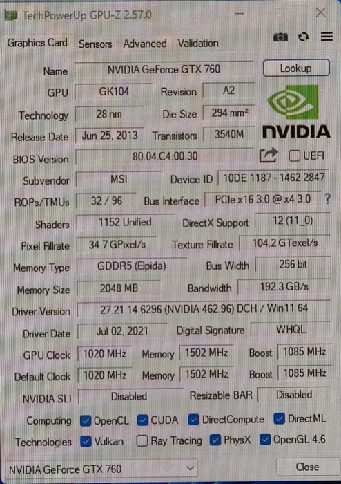 MSI GeForce GTX 760 2GB GDDR5 Graphics Card