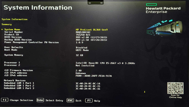 HP DL360 Gen9 server, E5- 2667 3.20GHz, 32GB RAM, P440ar, 2 x PSU Q