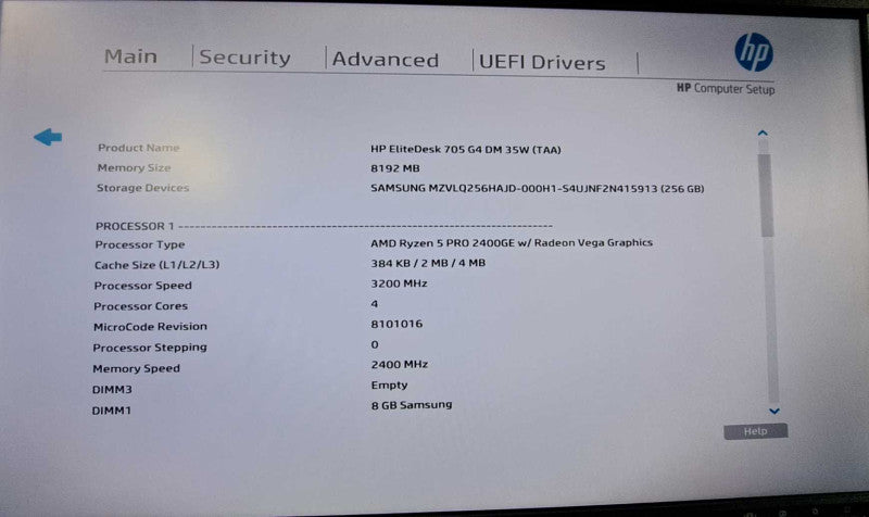 HP EliteDesk 705 G4 USFF Ryzen 5 PRO 2400GE @ 3.2GHz 4C, 8GB DDR4, 256GB NVMe