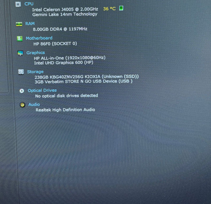 HP All-in-One 22 (22-inch Screen) Intel Celeron J4025@2GHz 8GB RAM 256GB SSD