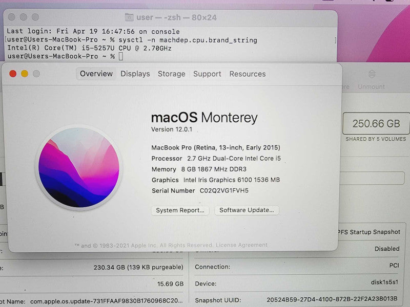 Apple Macbook Pro Retina 2015 13\\" Core i5-5257U @ 2.7GHz 8GB DDR3 250GB SSD (