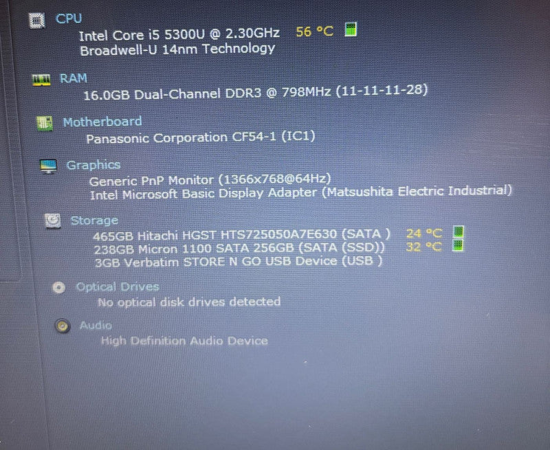 Panasonic ToughBook CF-54 i5-5300U@2.3GHz 16GB RAM 256GB m.2 500HDD 22400 Hrs