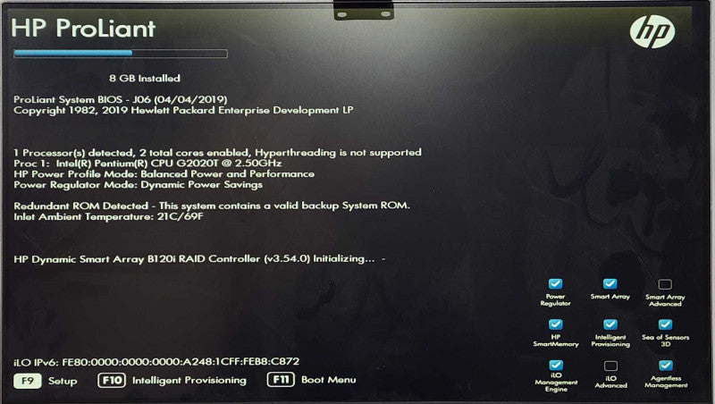 HP ProLiant MicroServer Gen8, Pentium G2020T 2.50GHz, 8GB RAM, RAID B120i