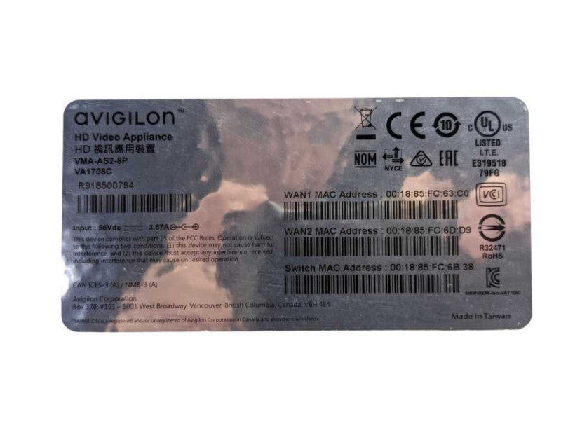 Avigilon VMA-AS2-8P HD Video Appliance Unit Only Untested  -