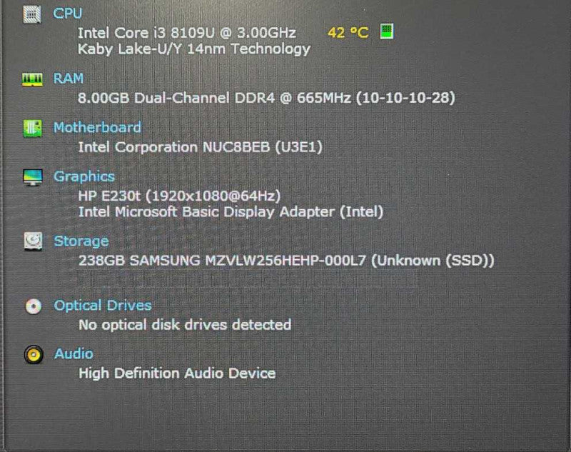 Intel NUC Mini PC, Core i3-8109U 3.00GHz, 8GB RAM, 256GB Nvme, WiFi, PWR ADPT