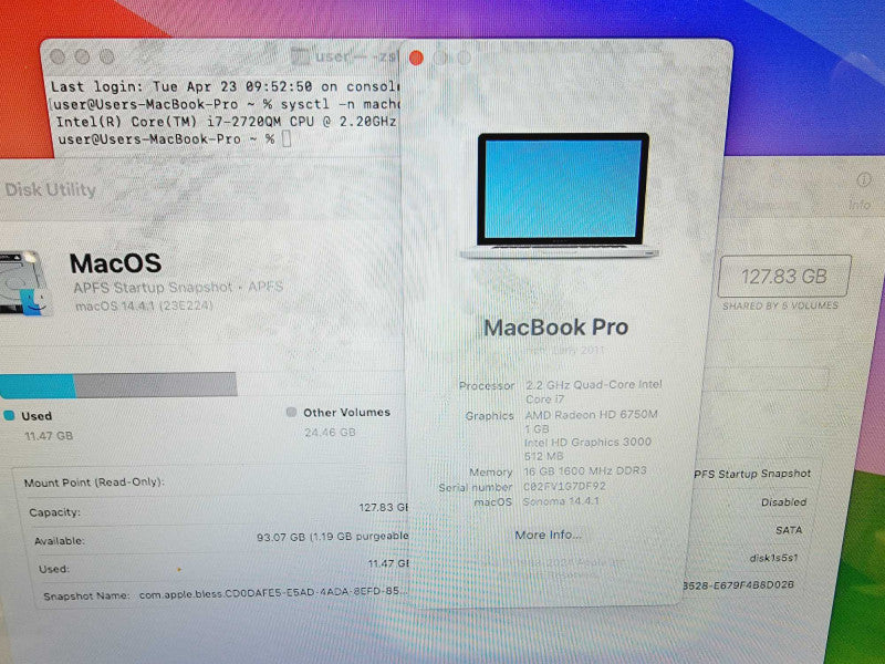 Apple Macbook Pro 2011 17\\" 4-Core i7-2720QM @ 2.2GHz 16GB DDR3 120GB SSD [Sonoma OS / Read] (