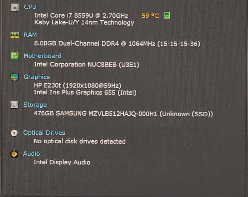 Intel BOXNUC8i7BEH1 Mini PC, Core I7-8559U 2.7GHz, 8GB RAM, 512GB Nvme, WiFi