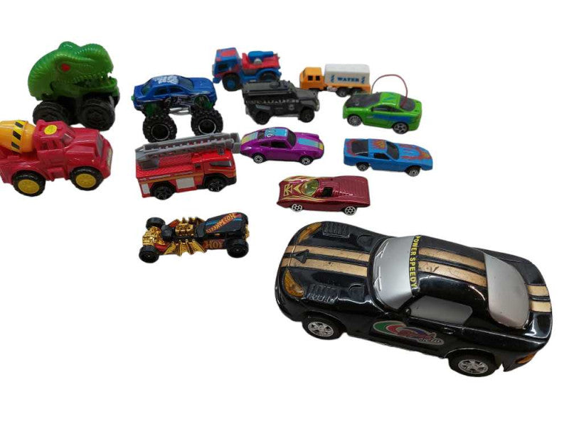 Bundle of 13 toys Trucks & Cars , Hotwheels , Firetruck, Dinosaur, Big Wheel =