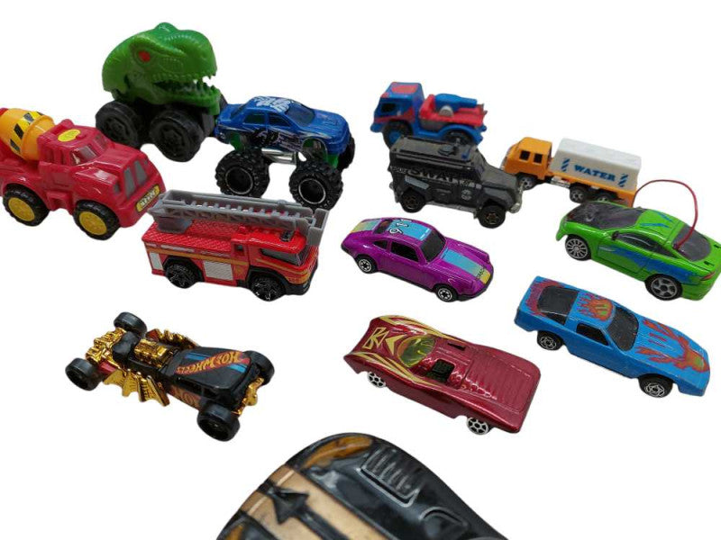 Bundle of 13 toys Trucks & Cars , Hotwheels , Firetruck, Dinosaur, Big Wheel =