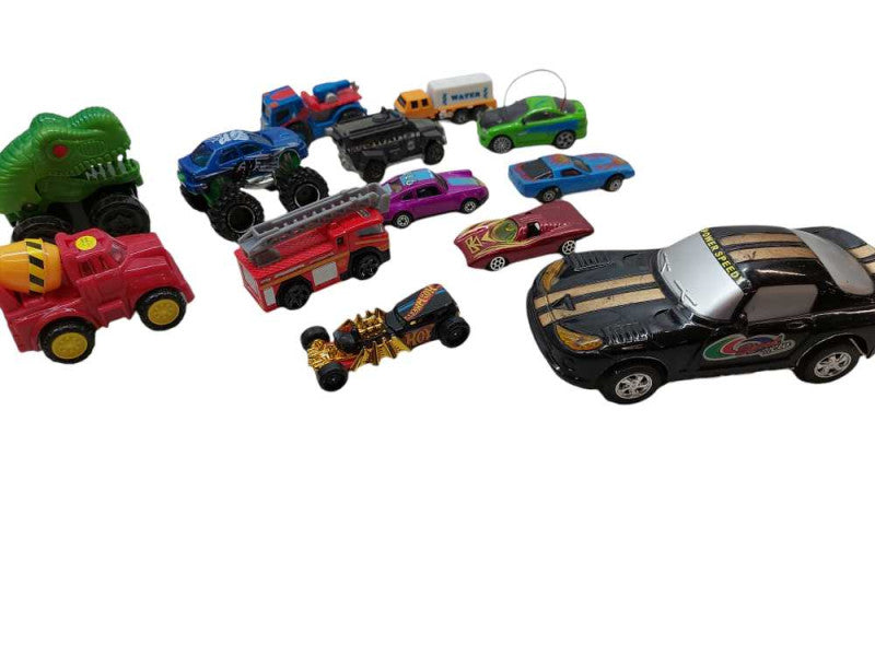Bundle of 13 toys Trucks & Cars , Hotwheels , Firetruck, Dinosaur, Big Wheel =