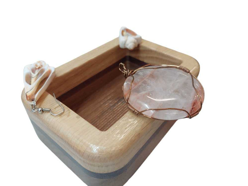 Decrotive Jewelery Box with Sea Shell Earring and Salt Rock Polished Pendant =