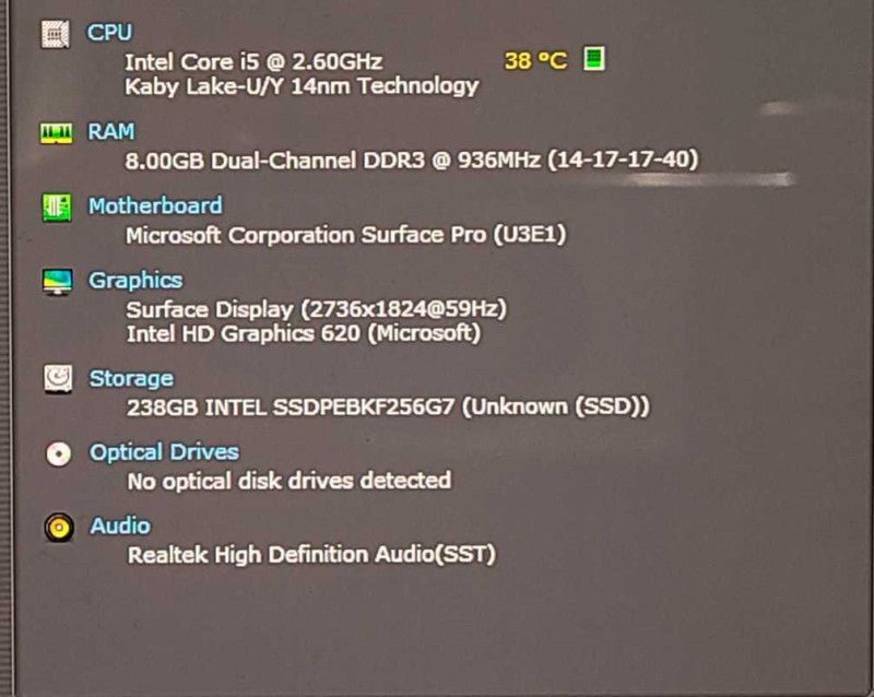 Microsoft Surface Pro 1796, i5-7300U 2.60GHz, 8GB Ram, 256GB SSD, No keyboard