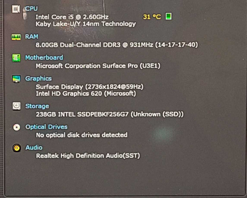 Microsoft Surface Pro 5 (1807), i5-7300U 2.60GHz, 8GB RAM, 256GB SSD, READ