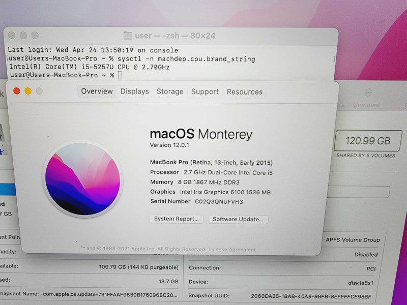 Apple Macbook Pro 2015 13\\" Core i5-5257U @ 2.7GHz 8GB DDR3 120GB SSD (
