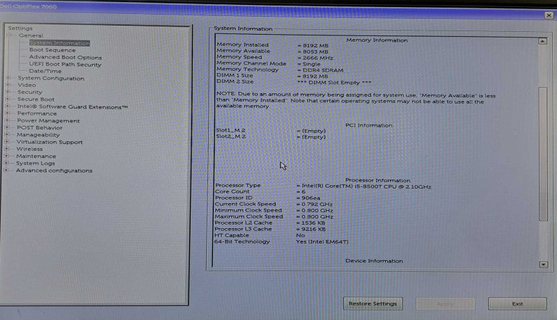 Dell OptiPlex 7060 USFF | i5-8500T @ 2.10GHz 6C, 8GB DDR4, 256GB NVMe
