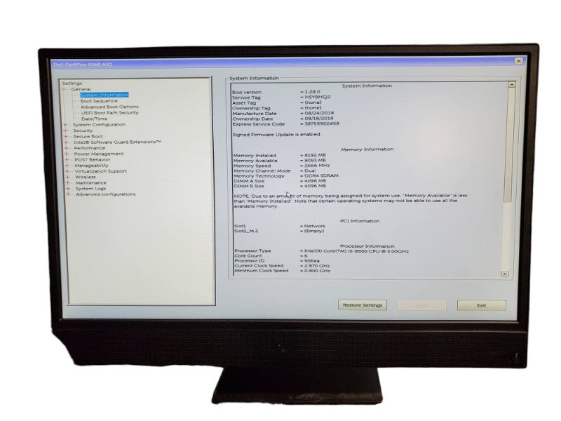 Dell OptiPlex 5260 AIO i5-8500 8GB DDR4 NO HDD @