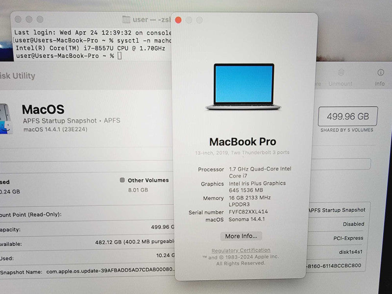 Apple Macbook Pro 2019 13\\" Core i7-8557U @ 1.7GHz 16GB DDR3 500GB SSD (