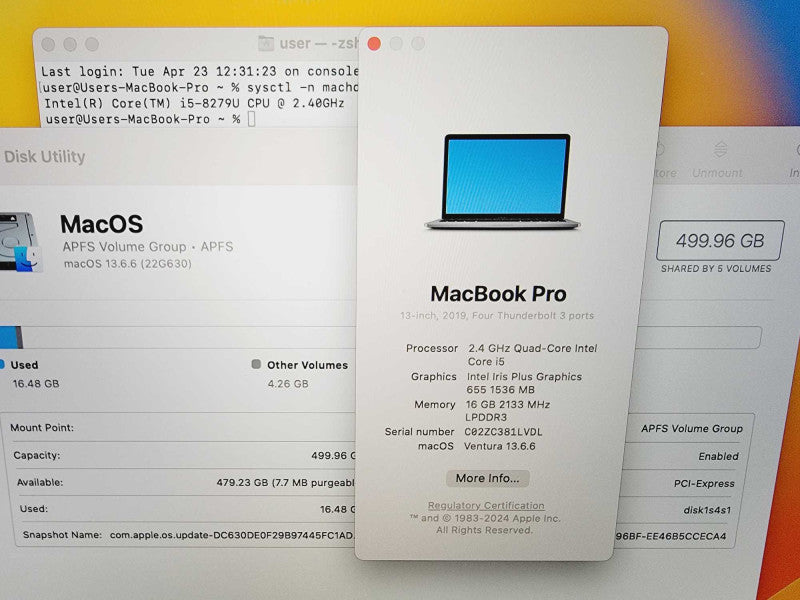 Apple Macbook Pro 2019 13\\" Core i5-8279U @ 2.4GHz 16GB DDR3 500GB SSD [Read] (