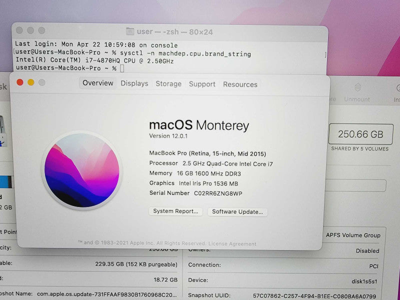 Apple Macbook Pro Retina 2015 15\\" Core i7-4870HQ @ 2.5GHz 16GB DDR3 250GB SSD (
