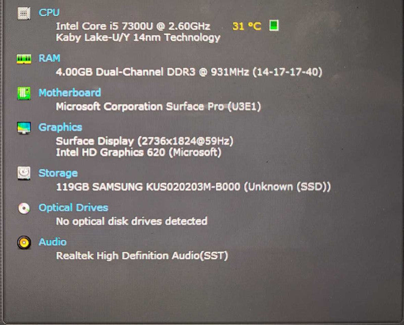 Microsoft Surface Pro 5 (1807), i5-7300U, 4GB RAM, 128GB SSD, No Keyboard