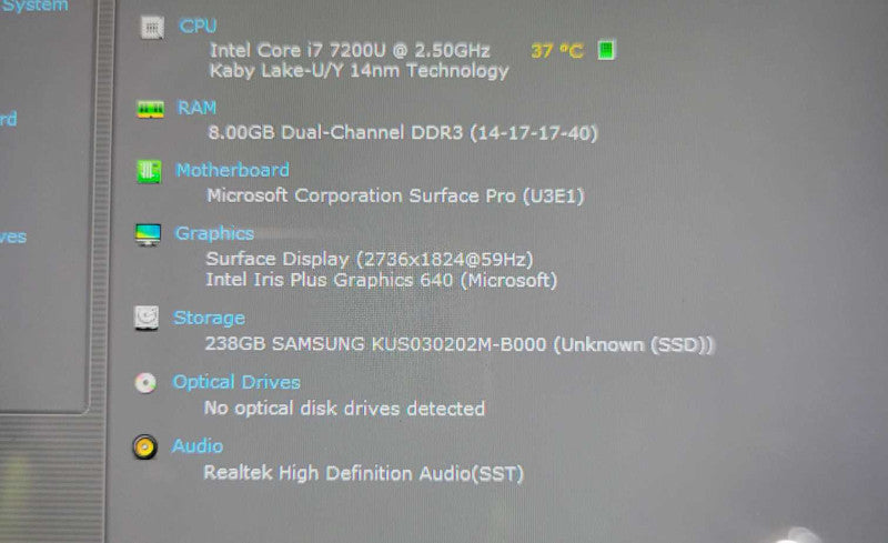 Microsoft Surface Pro (1796) - i7-7200U 2.5GHz, 8GB RAM, 256GB SSD, READ _