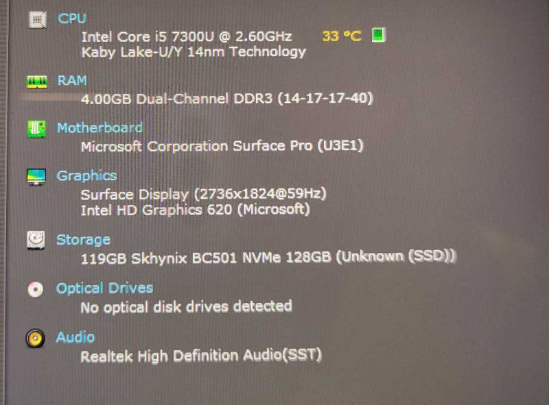 Microsoft Surface Pro 1807, i5-7300U 2.6GHz, 4GB RAM, 128GB SSD, READ _