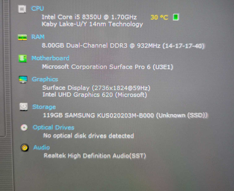Microsoft Surface Pro 6 1796, i5-8350U 1.7GHz 4C, 8GB RAM, 128GB SSD READ  _