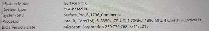 Microsoft Surface Pro 6 1796, i5-8350U 1.7GHz 4C, 8GB RAM, 128GB SSD READ  _
