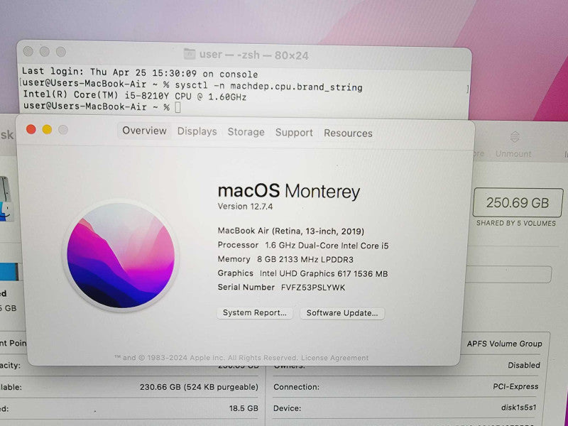 Apple Macbook Air 2019 13\\" Core i5-8210Y @ 1.6GHz 8GB DDR3 250GB SSD [Read] (