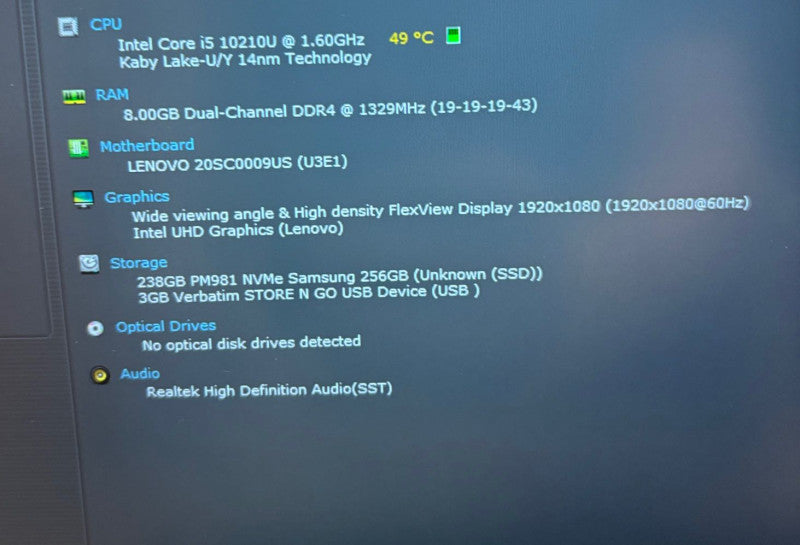 LenovoThinkPad X390 Intel Core i5-10210U@1.6GHz 8GB RAM 256GB SSD  Lap200