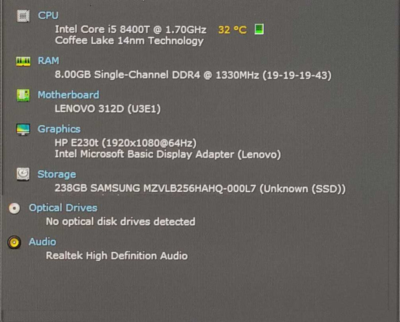 Lenovo M720q USFF, i5-8400T 1.70GHz 6C, 8GB DDR4, 256GB NVMe, WiFi, PWR APRT