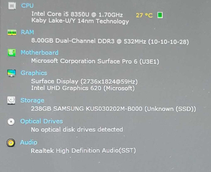 Microsoft Surface Pro 6 1796, i5-8350U 1.7GHz 4C, 8GB RAM, 256GB SSD _