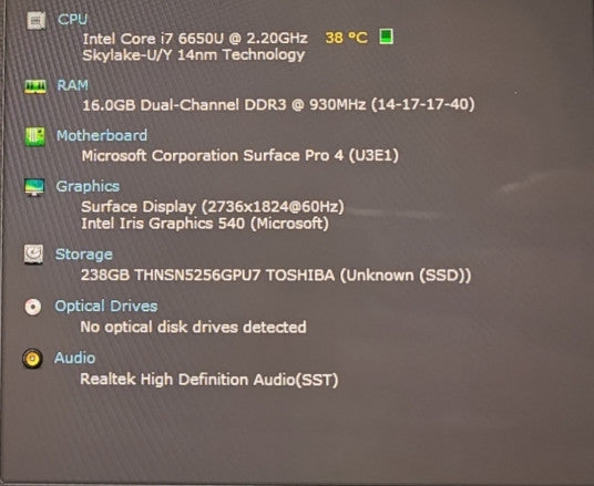 Microsoft Surface Pro 4 (1724) - i7-6650U 2.20GHz, 16GB RAM, 256GB SSD
