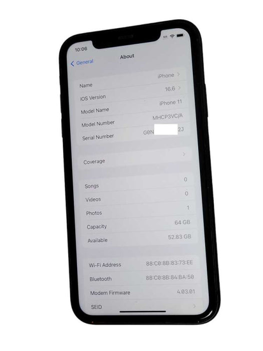 Apple iPhone 11 64GB SMART PHONE, LOCKED TO BELL _