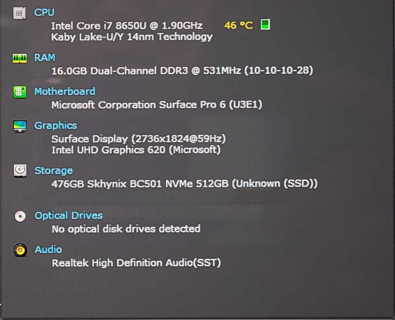 Microsoft Surface Pro 1796, i7-8650U 1.90GHz, 16GB Ram, 512GB SSD, No KB