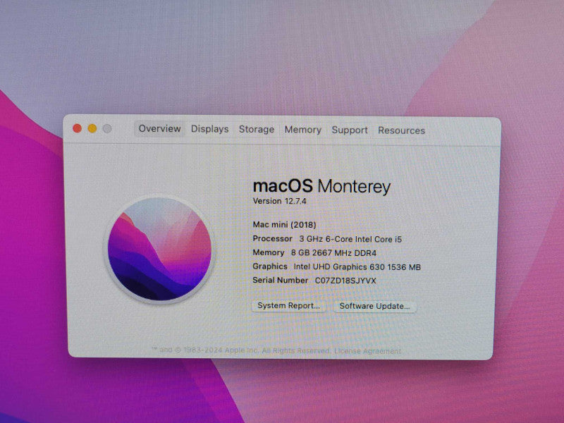 Mac mini Late 2018 Core i5-8500B 3Ghz, 8GB RAM, 250GB Flash drive, Monterey _