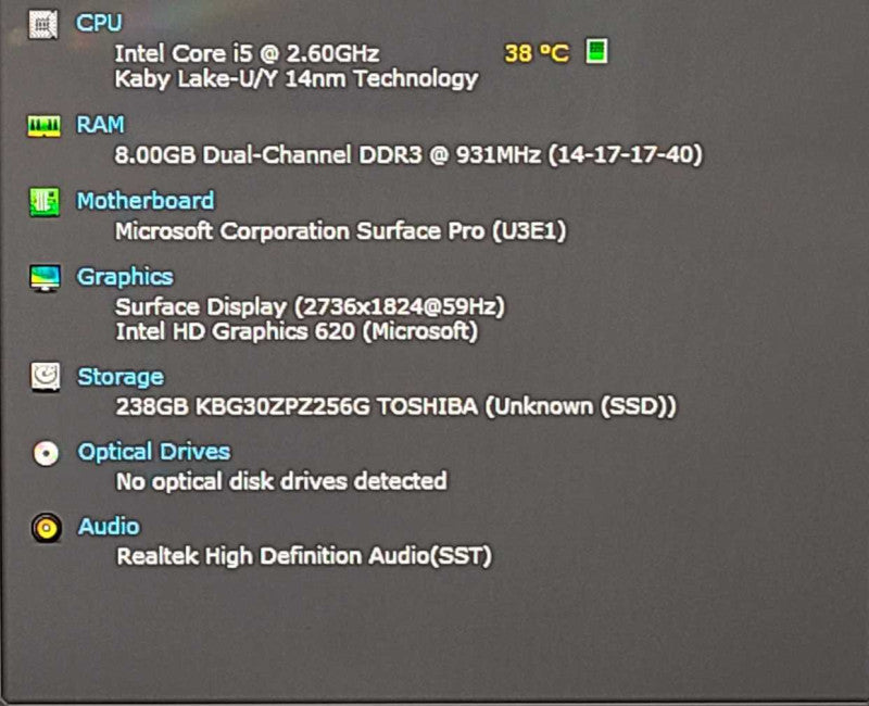 Microsoft Surface Pro 6 1796, i5-7300U 2.60GHz, 8GB RAM, 256GB SSD, No KB Q