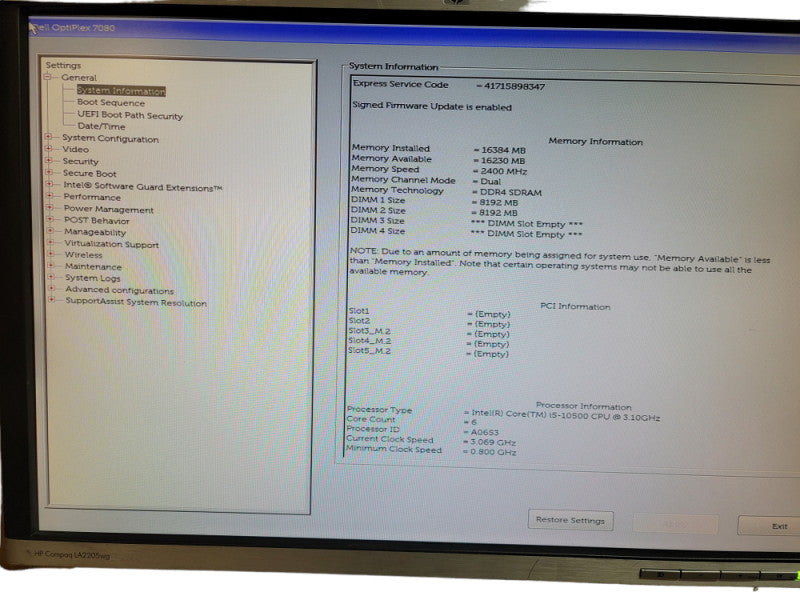 Dell Optiplex 7080 SFF Intel i5 -10500 CPU @ 3.10GHz 16GB DDR4 Ram Î¸