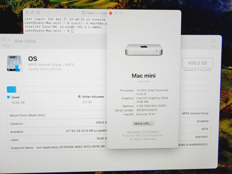 Apple Mac Mini 2014 2-Core i5-4260U @ 1.4GHz 4GB DDR3 500GB SSD [Sonoma OS] (