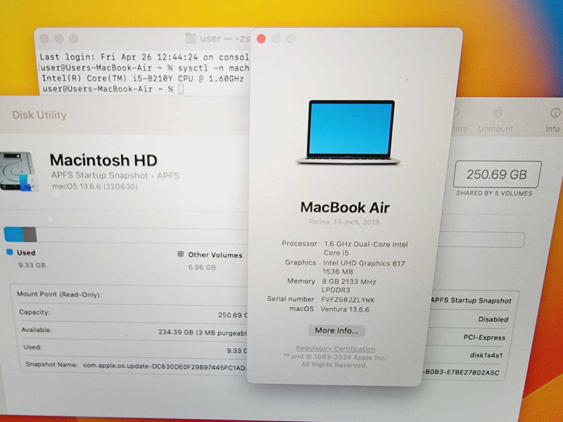 Apple Macbook Air Retina 2019 13\\" 2-Core i5-8210Y @ 1.6GHz 8GB DDR3 250GB SSD (