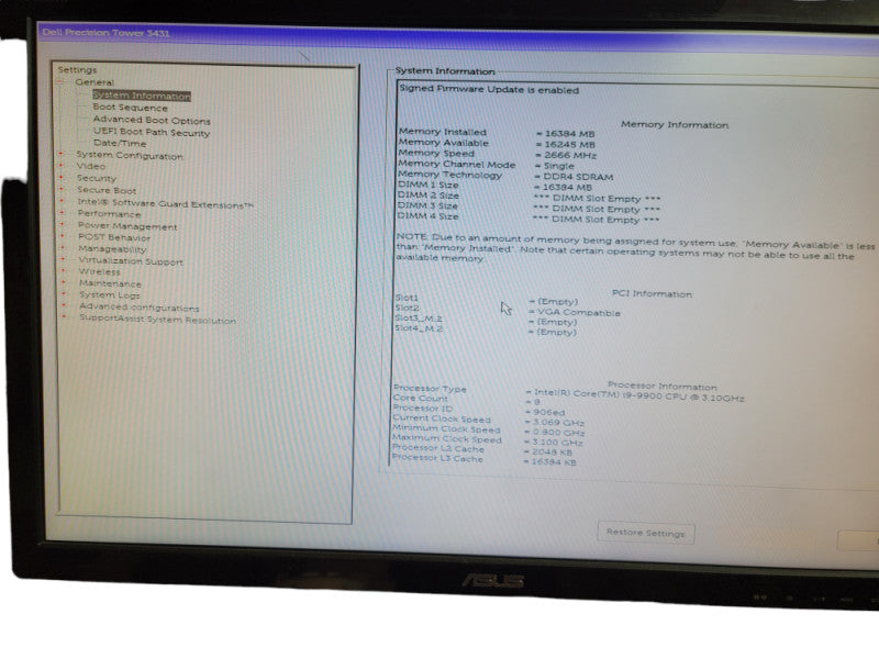 Dell Precision Tower 3431  Intel  i9 - 9900 CPU @ 3.10 GHz 16GB Ram  Î¸