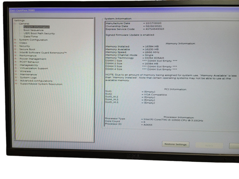 Dell Optiplex 7080 SFF Inter  i5 -10500 CPU @ 3.10GHz 16GB DDR4 Ram Î¸