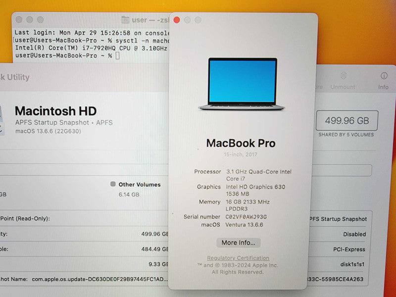 Apple Macbook Pro 2017 15\\" 4-Core i7-7920HQ @ 3.1GHz 16GB DDR3 500GB SSD (