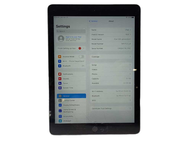 Apple iPad 6th Gen 32GB (A1893) READ $