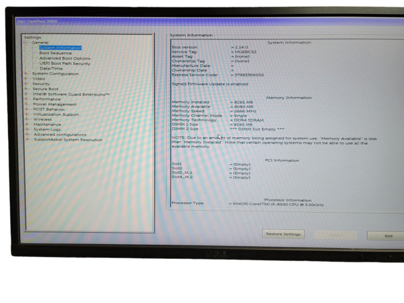 Dell OptiPlex 3060 SFF i5 - 8500 CPU @  3.00GHz 8GB DDR4  Ram QÎ¸
