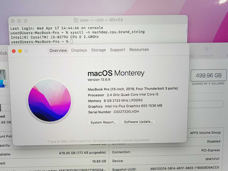 Apple Macbook pro 2019 13\\" 4-Core i5-8279U @ 2.4GHz 8GB DDR3 500GB SSD (