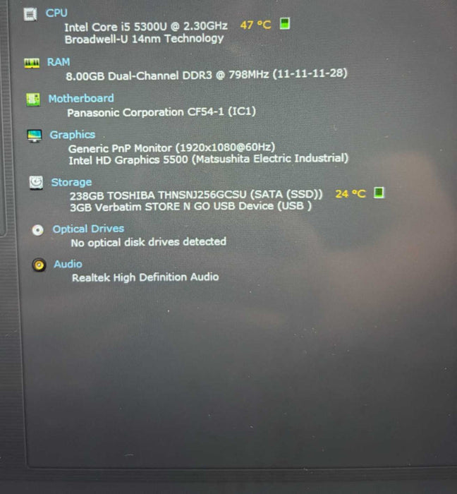 Panasonic ToughBook CF-54 TOUCH i5-5300U 8GB 256SSD 10460Hrs No Power Adapter