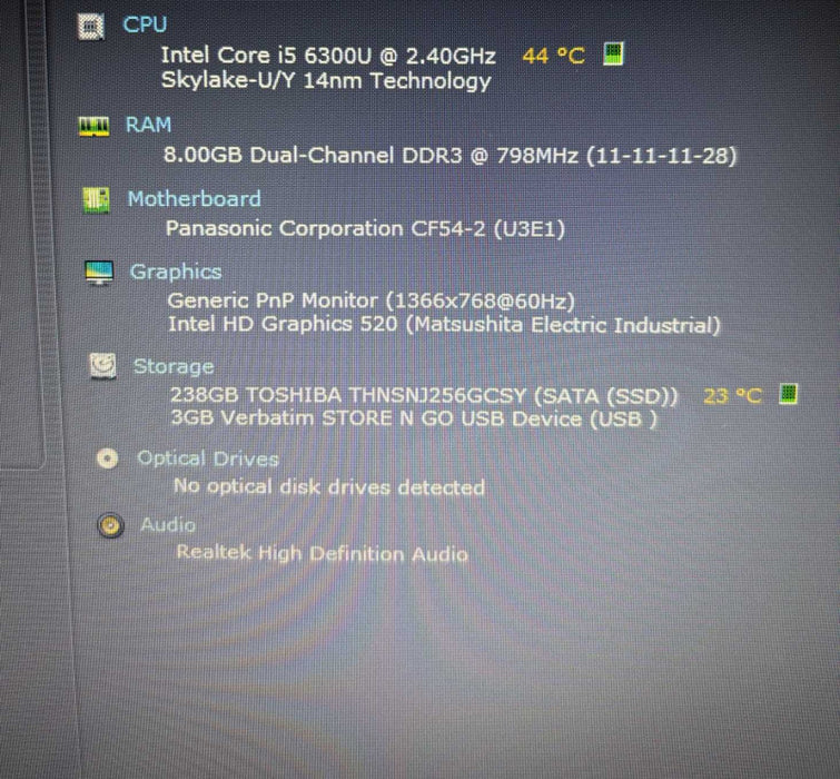 Panasonic ToughBook CF-54 i5-6300U 8GB 256SSD 21520Hrs. No Power Adapter READ