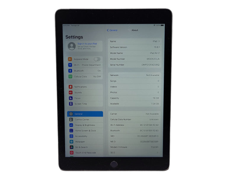 Apple iPad Air 2 16GB (A1567) READ $