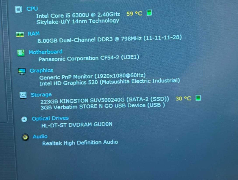 Panasonic ToughBook CF-54 TOUCH i5-6300U 8GB 240SSD 12300Hrs No Power Adapter